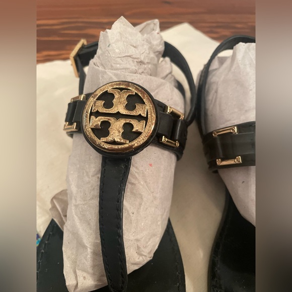 Tory Burch black & gold leather sandals - Picture 3 of 4